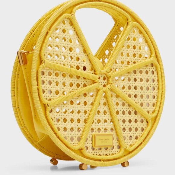 Kate Spade Lemon Drop Rattan Top-Handle Yellow Leather Crossbody Bag - Picture 2 of 11